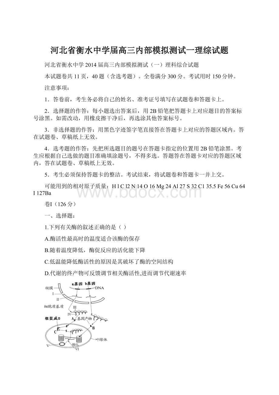 河北省衡水中学届高三内部模拟测试一理综试题.docx_第1页