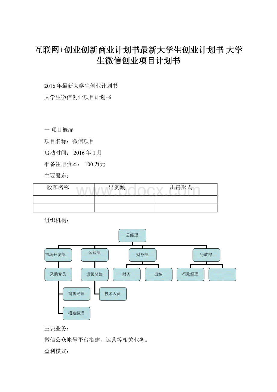 互联网+创业创新商业计划书最新大学生创业计划书 大学生微信创业项目计划书Word文档下载推荐.docx