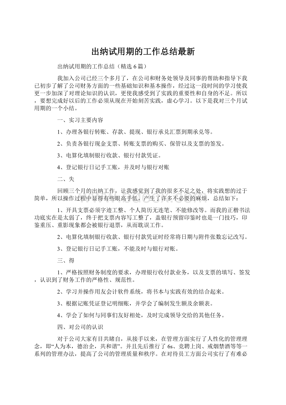 出纳试用期的工作总结最新Word格式文档下载.docx_第1页