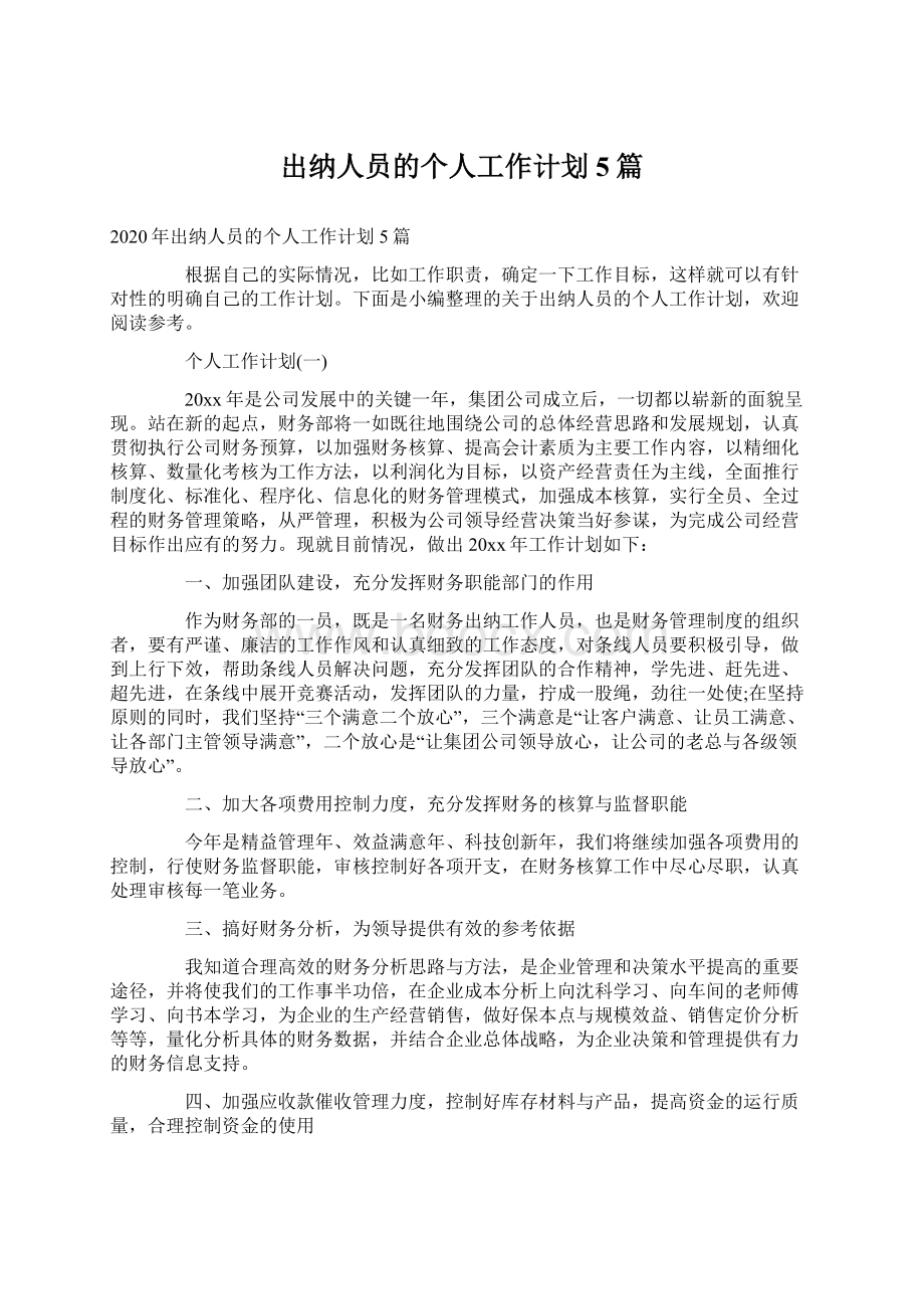 出纳人员的个人工作计划5篇.docx