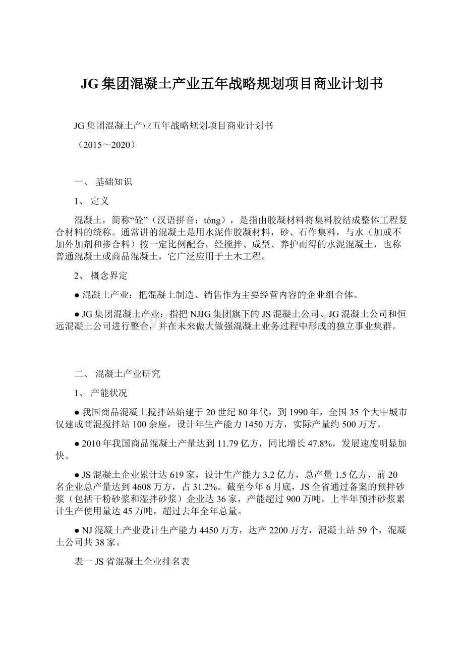 JG集团混凝土产业五年战略规划项目商业计划书Word文档格式.docx