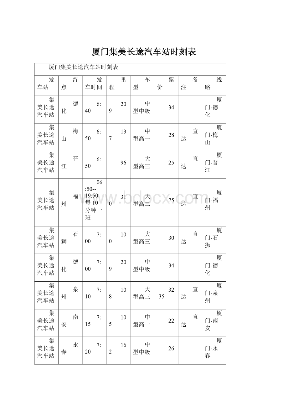 厦门集美长途汽车站时刻表.docx_第1页