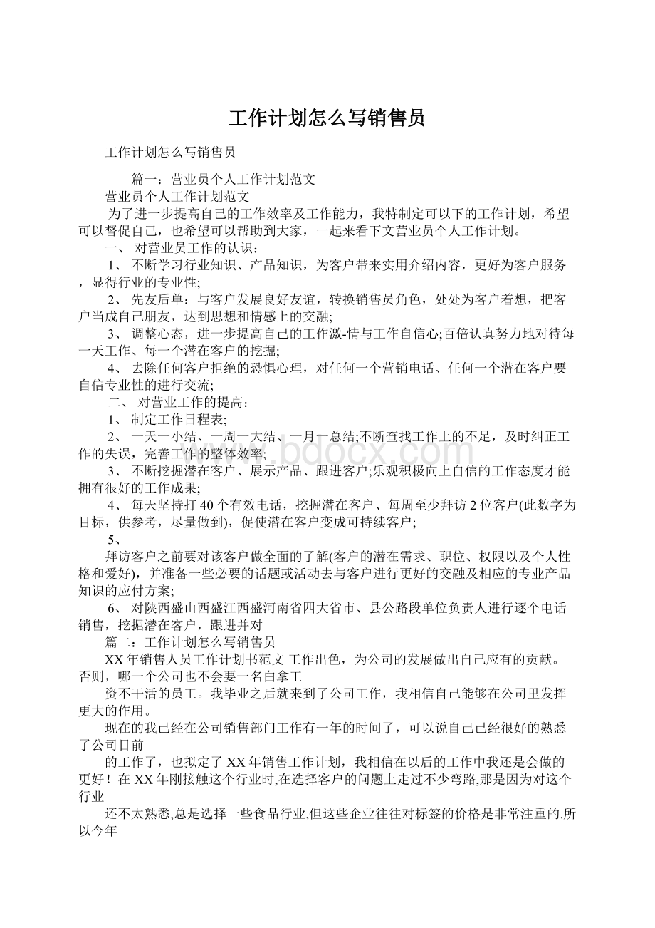 工作计划怎么写销售员Word格式文档下载.docx