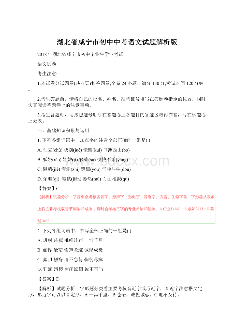 湖北省咸宁市初中中考语文试题解析版.docx_第1页