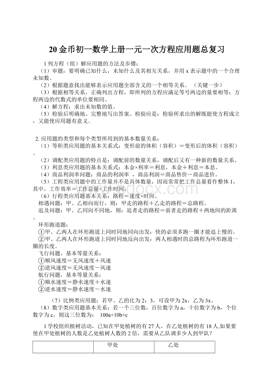 20金币初一数学上册一元一次方程应用题总复习.docx_第1页