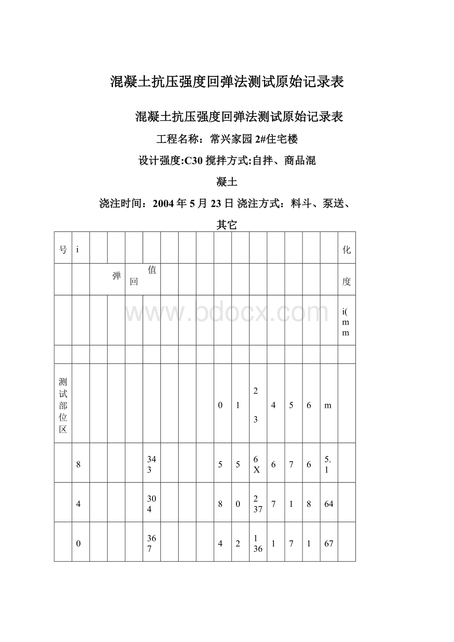 混凝土抗压强度回弹法测试原始记录表文档格式.docx_第1页