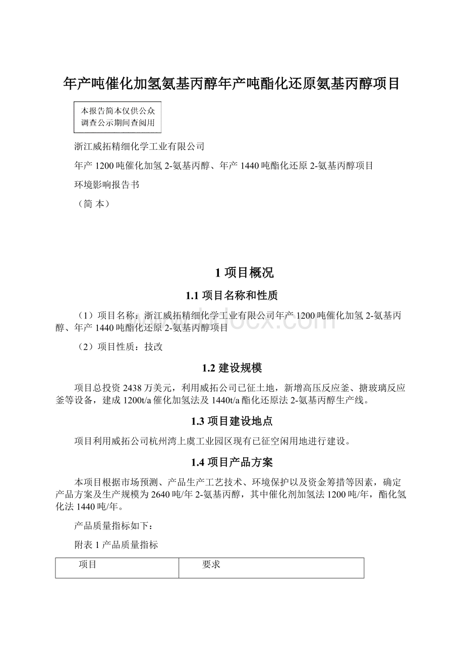 年产吨催化加氢氨基丙醇年产吨酯化还原氨基丙醇项目Word下载.docx_第1页