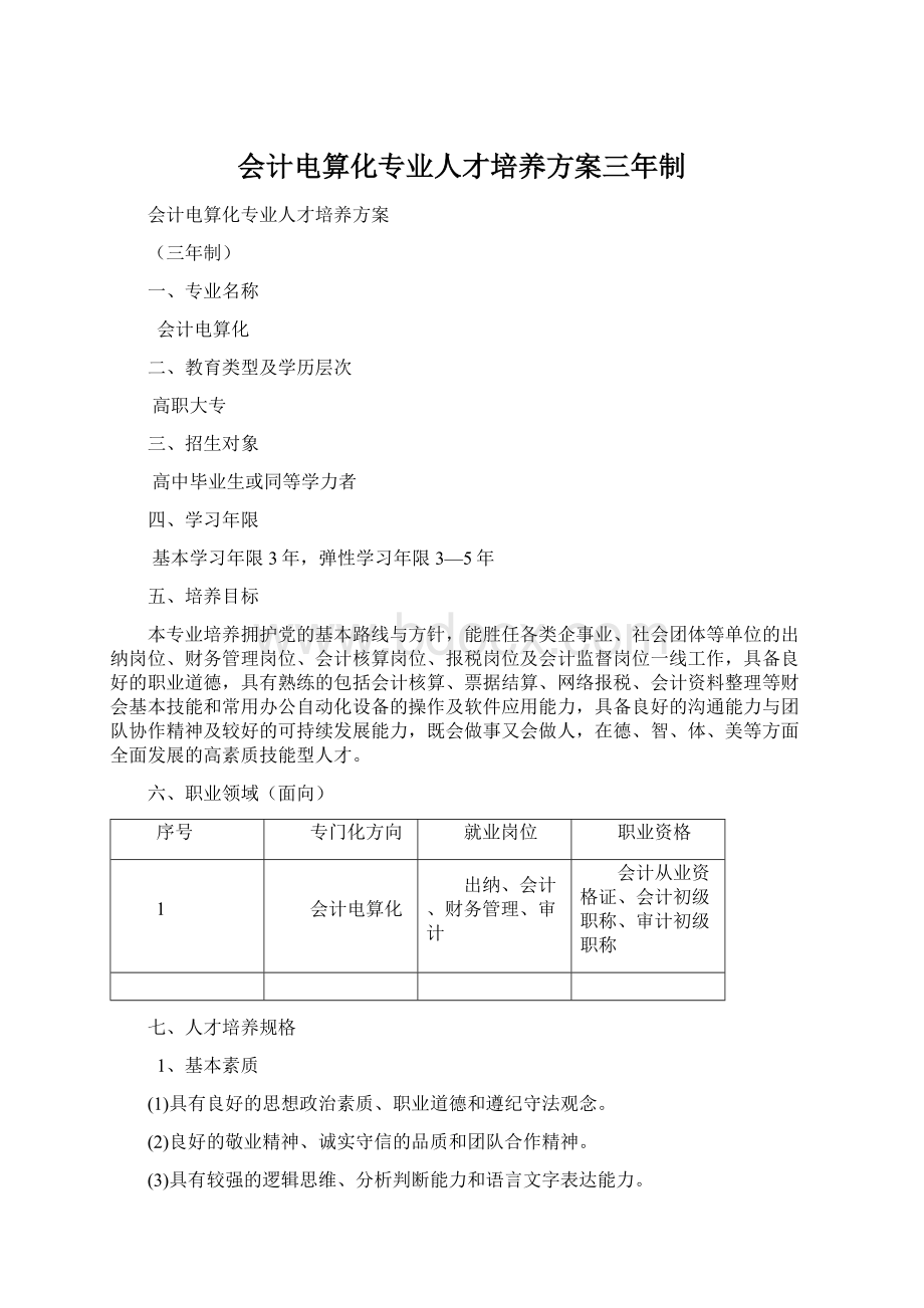 会计电算化专业人才培养方案三年制.docx