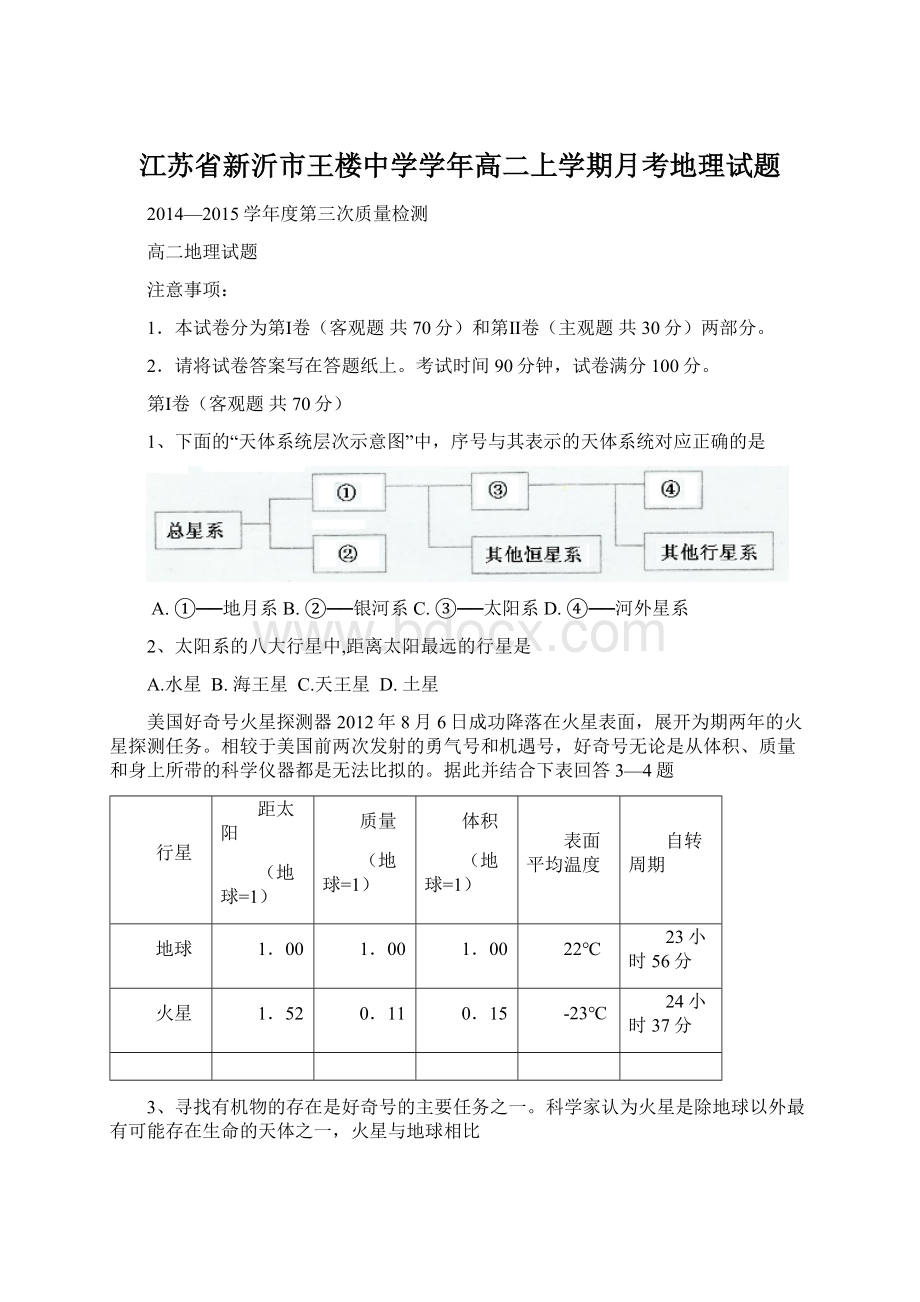 江苏省新沂市王楼中学学年高二上学期月考地理试题.docx_第1页