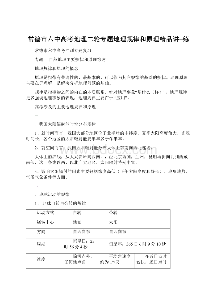 常德市六中高考地理二轮专题地理规律和原理精品讲+练Word格式.docx