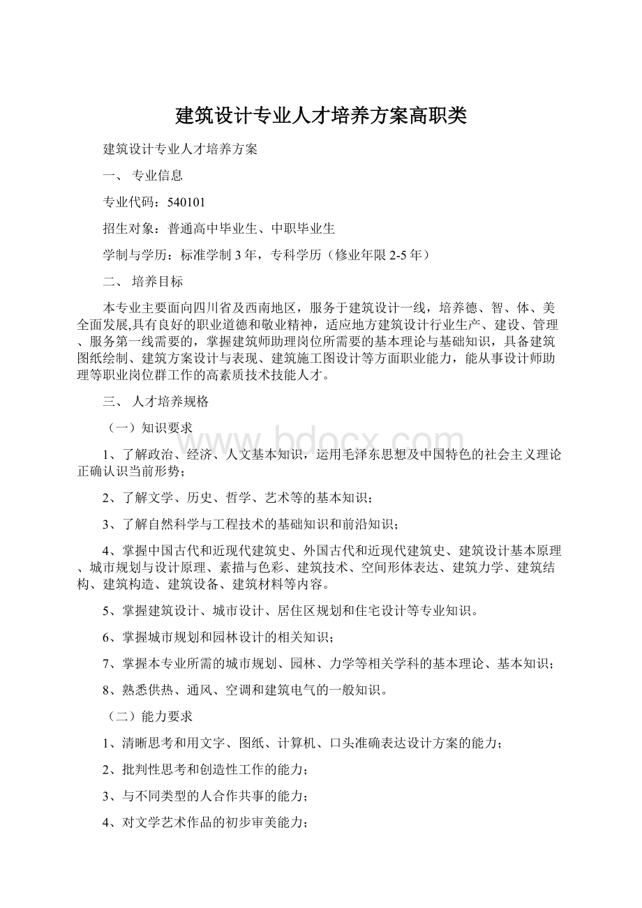 建筑设计专业人才培养方案高职类Word格式.docx_第1页