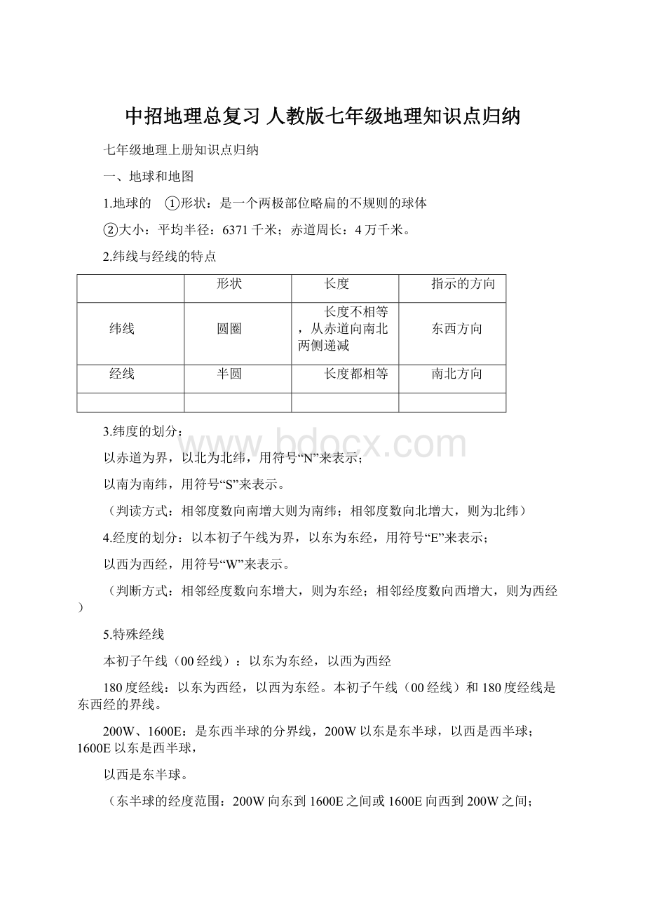 中招地理总复习 人教版七年级地理知识点归纳.docx