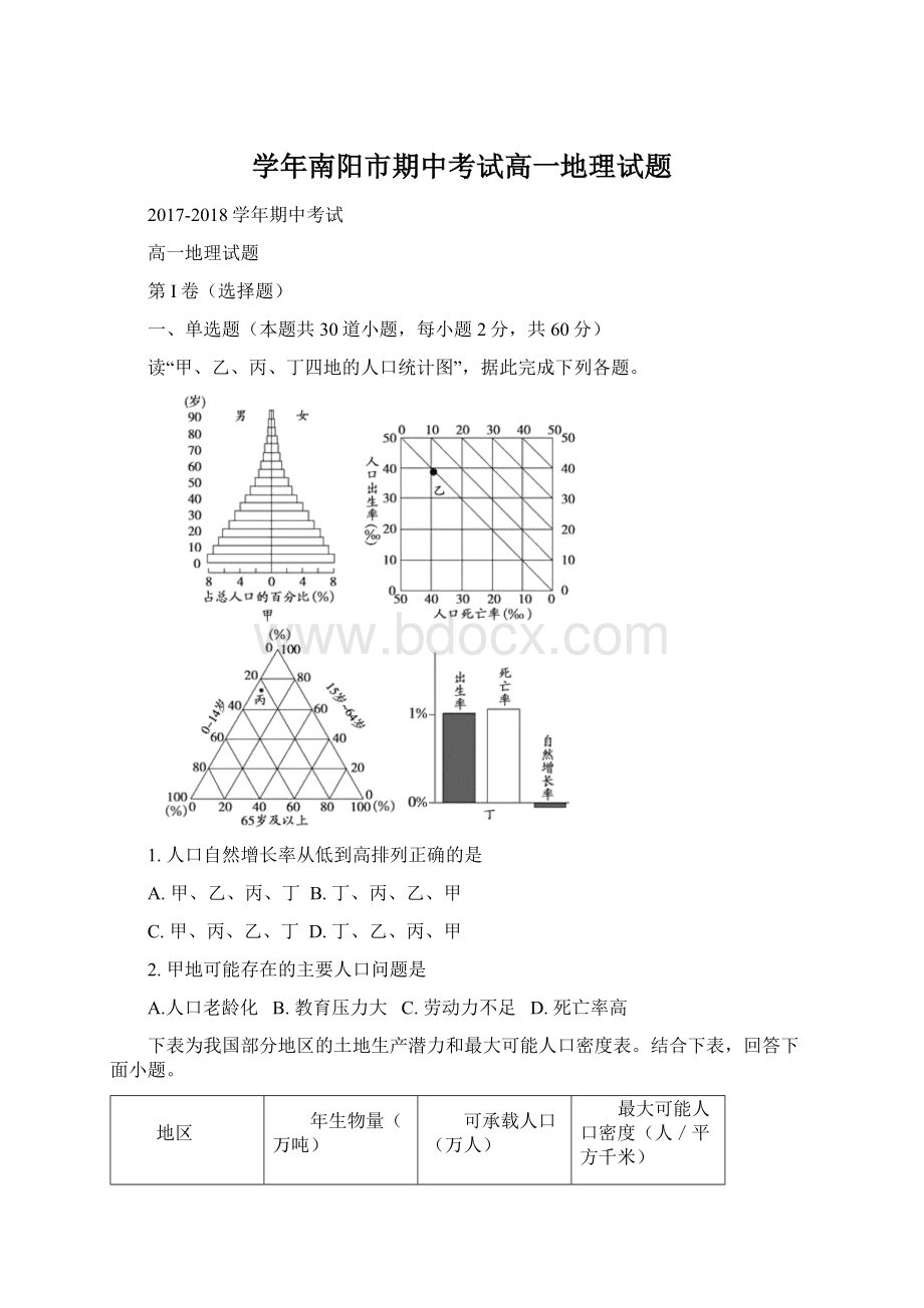 学年南阳市期中考试高一地理试题Word格式文档下载.docx_第1页