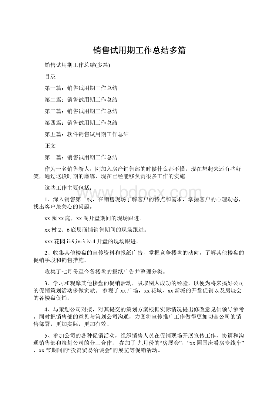 销售试用期工作总结多篇文档格式.docx