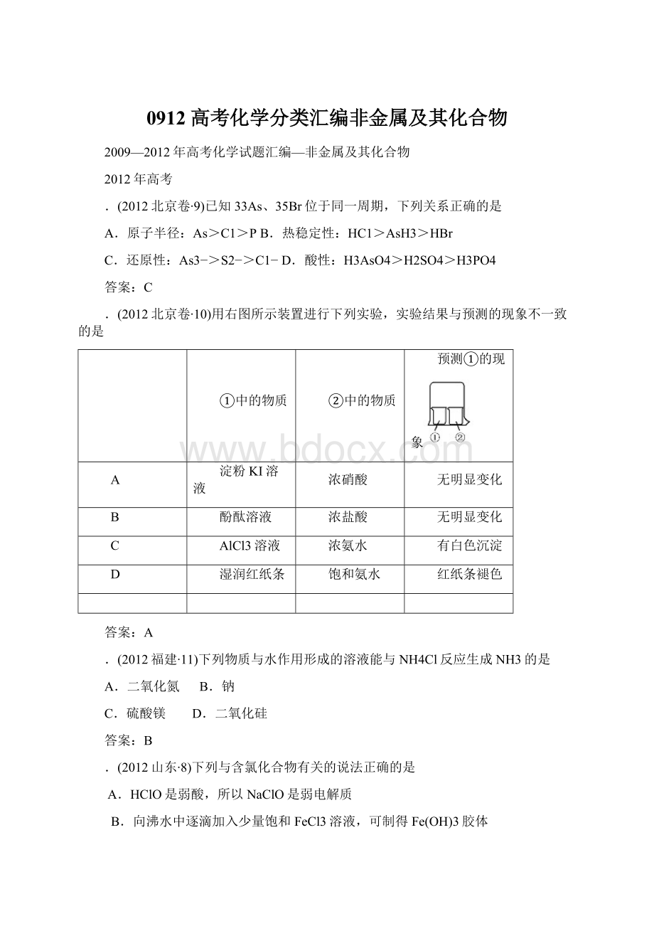 0912高考化学分类汇编非金属及其化合物.docx_第1页