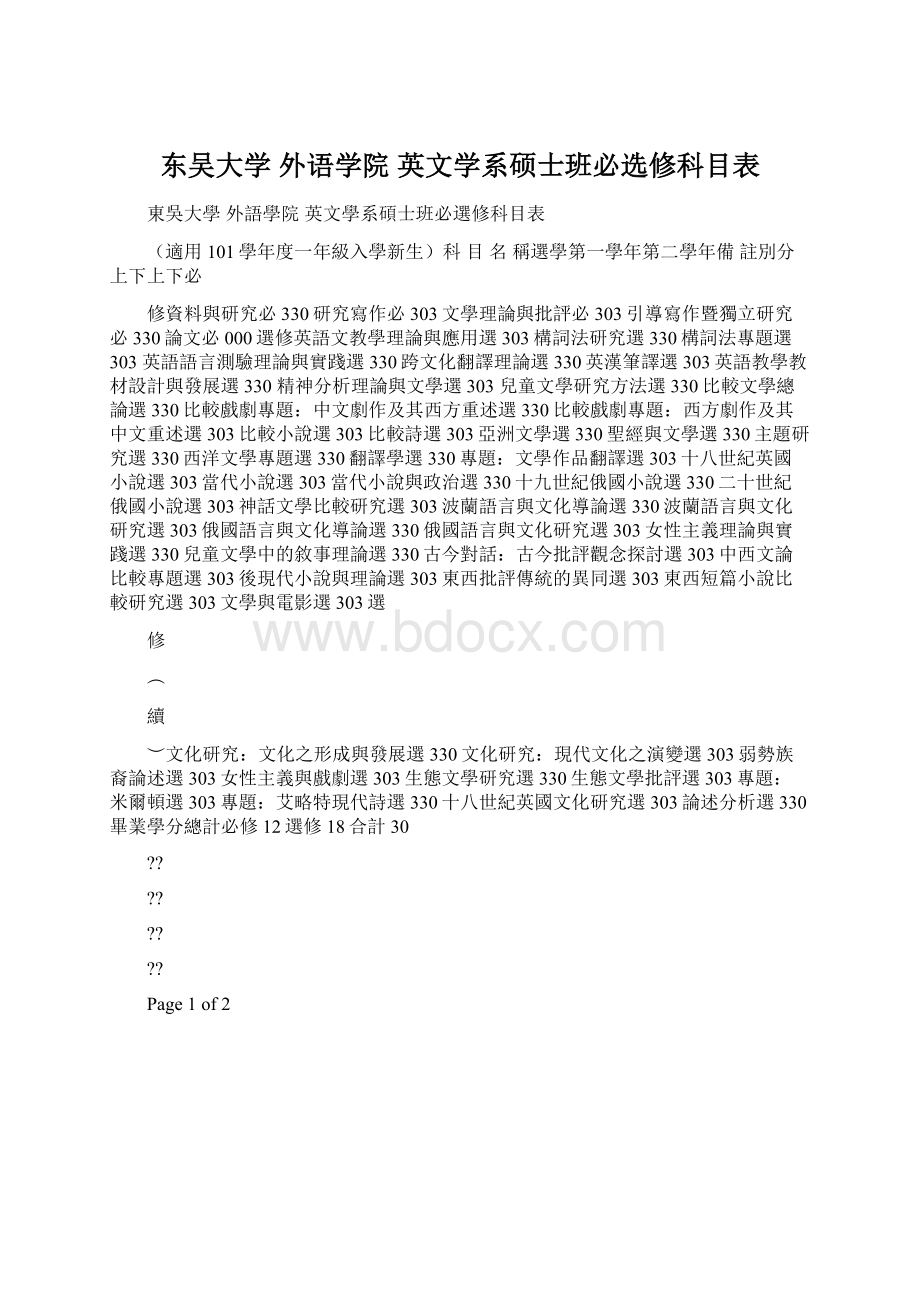 东吴大学 外语学院 英文学系硕士班必选修科目表Word格式文档下载.docx