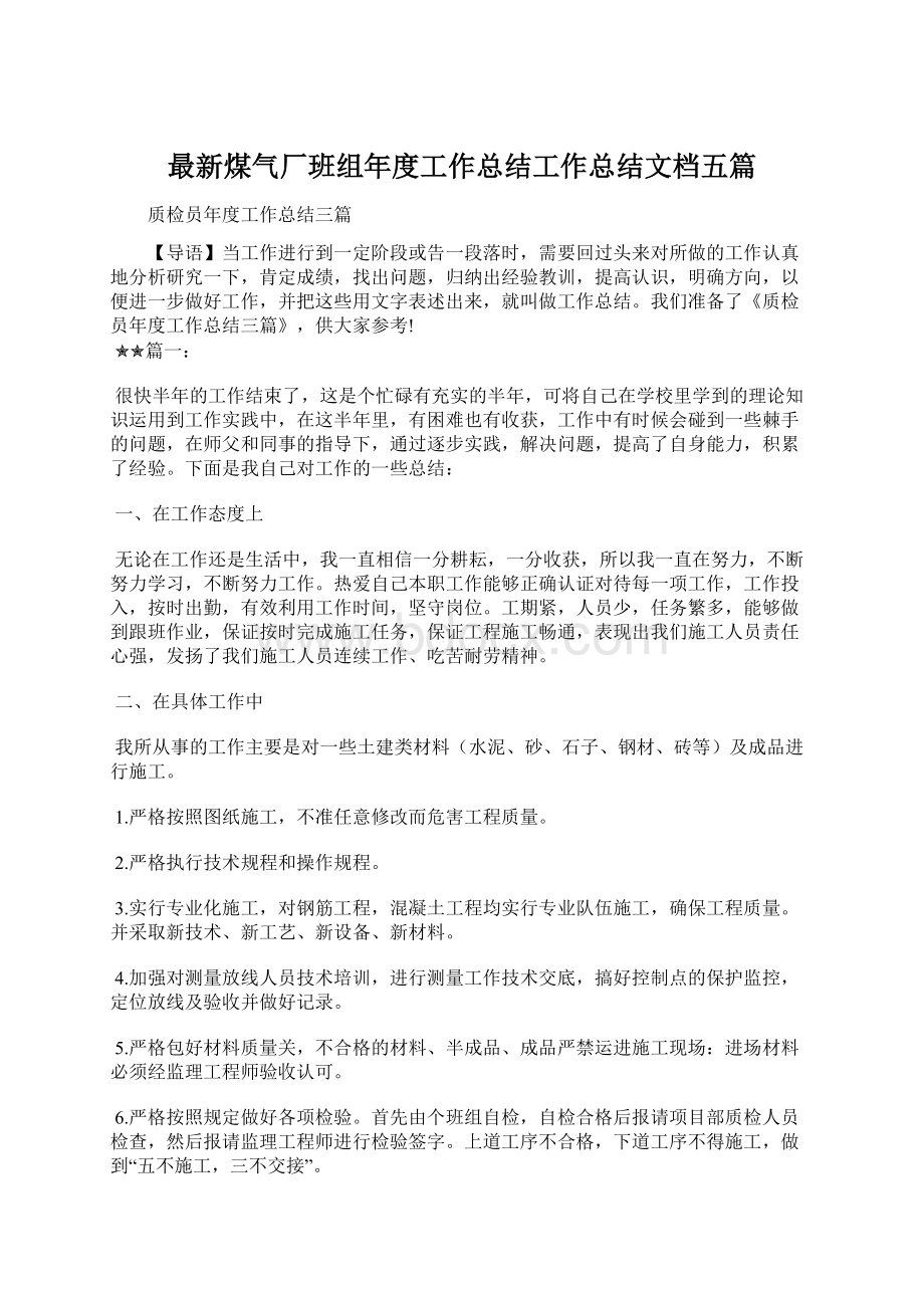 最新煤气厂班组年度工作总结工作总结文档五篇.docx