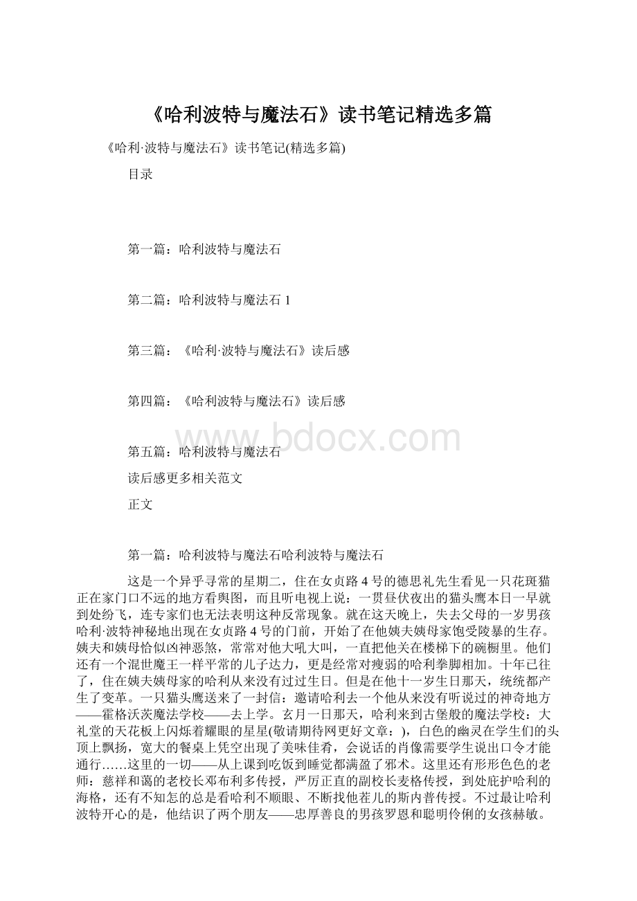 《哈利波特与魔法石》读书笔记精选多篇Word文档格式.docx_第1页