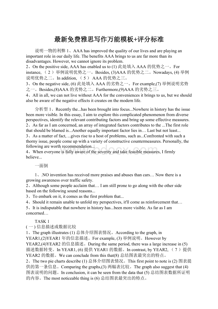 最新免费雅思写作万能模板+评分标准Word格式文档下载.docx_第1页