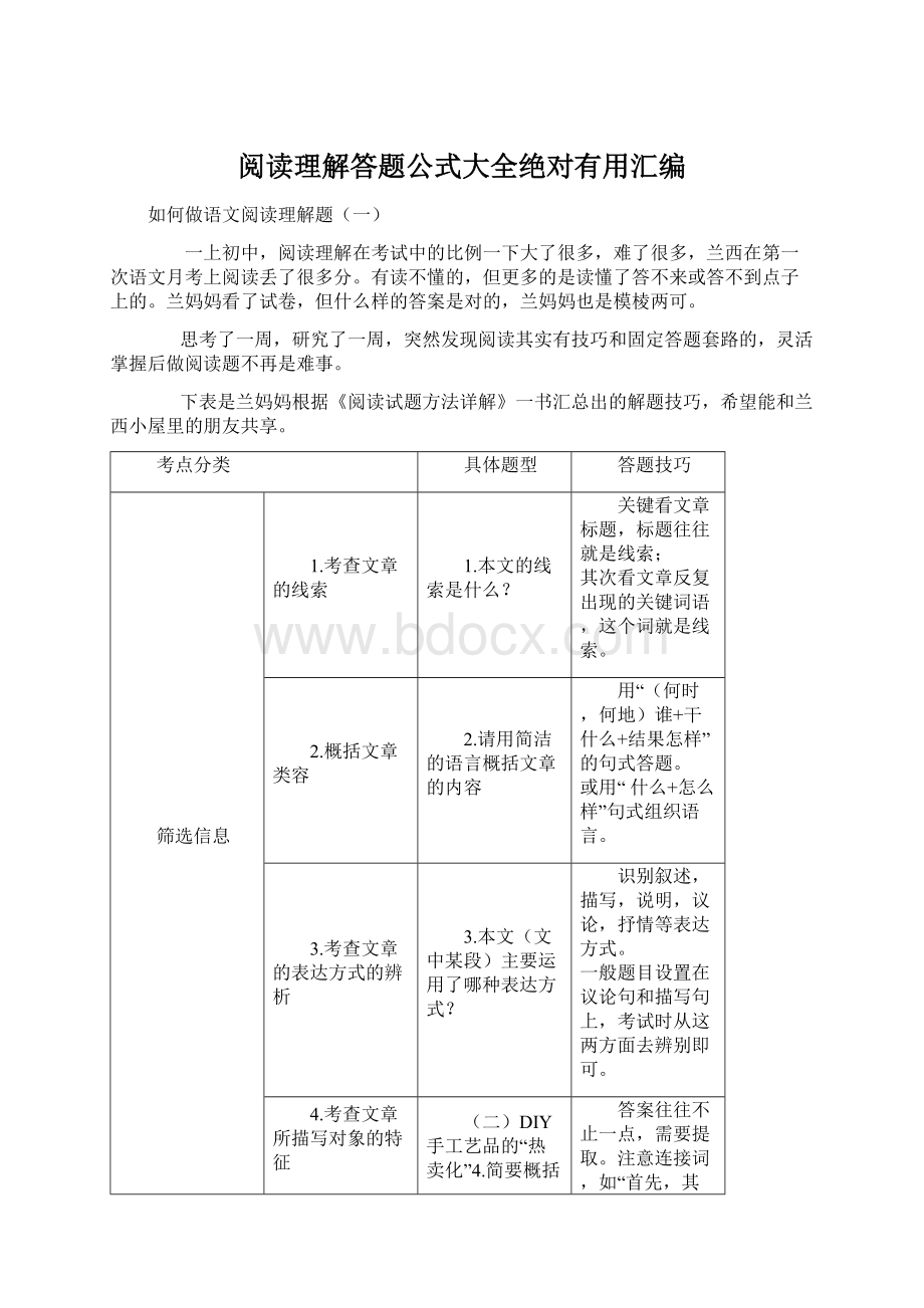 阅读理解答题公式大全绝对有用汇编.docx