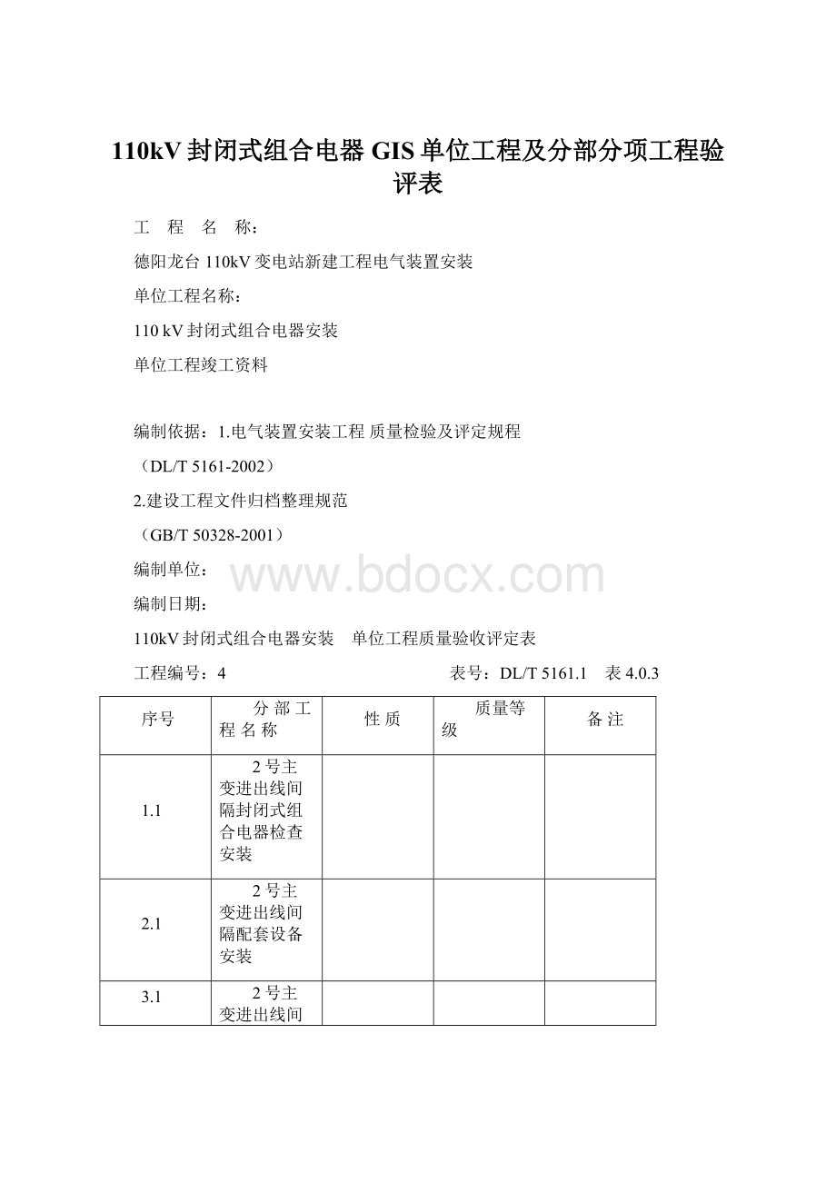 110kV封闭式组合电器GIS单位工程及分部分项工程验评表.docx_第1页