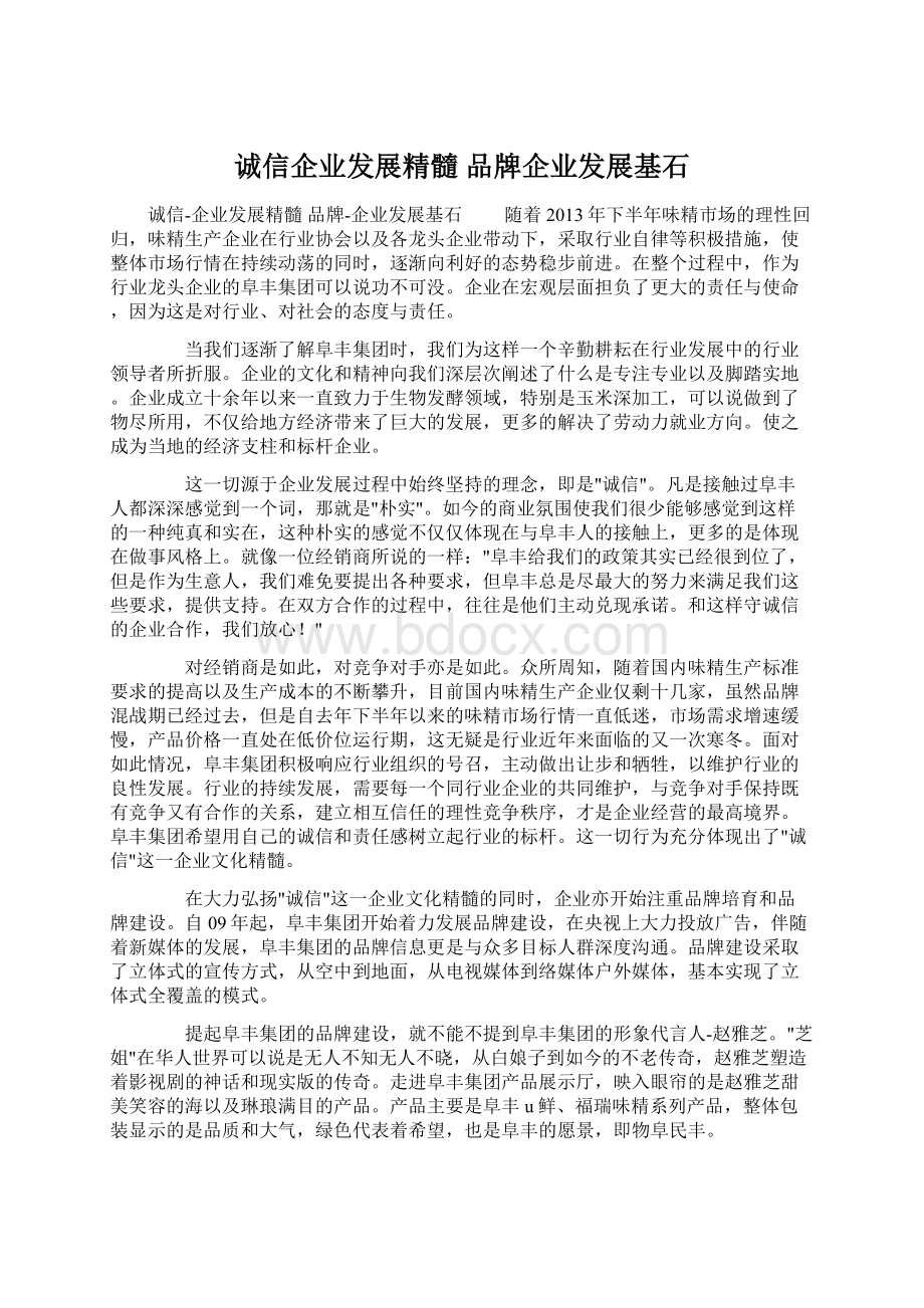 诚信企业发展精髓 品牌企业发展基石Word文档下载推荐.docx