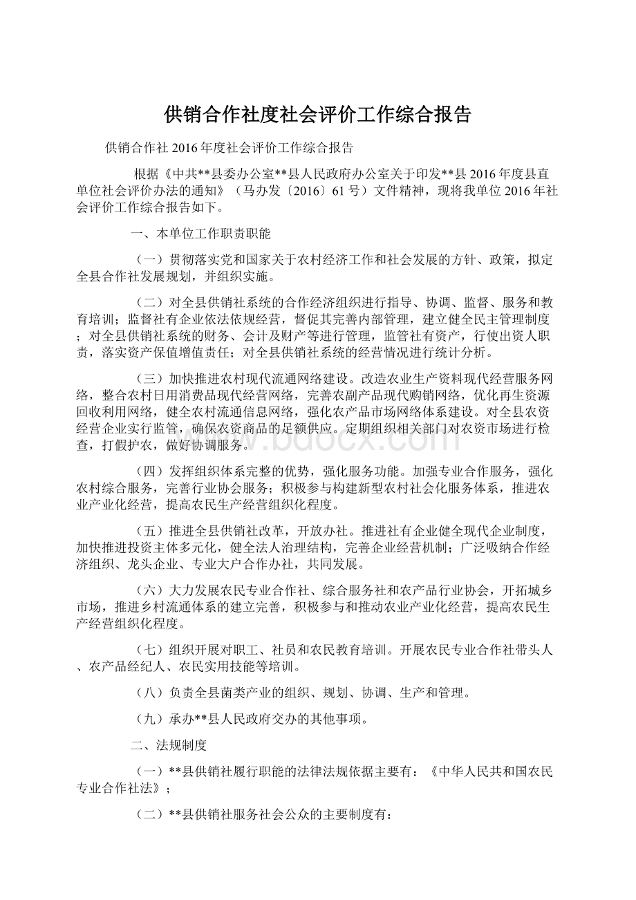 供销合作社度社会评价工作综合报告Word格式文档下载.docx