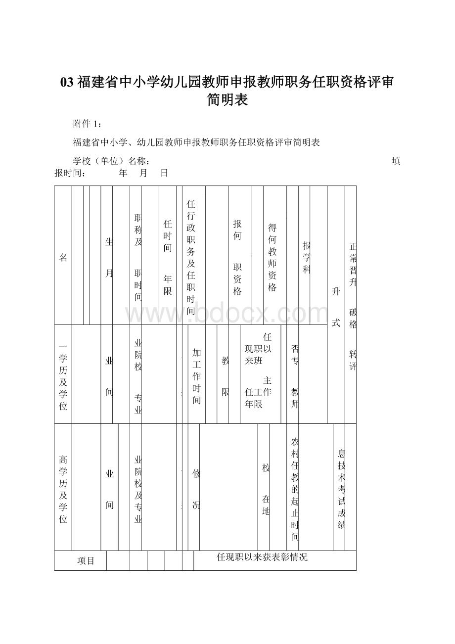 03 福建省中小学幼儿园教师申报教师职务任职资格评审简明表.docx_第1页