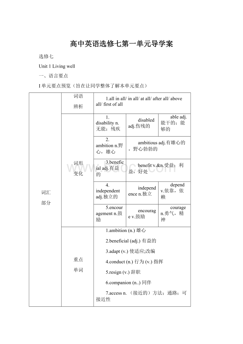 高中英语选修七第一单元导学案Word文档下载推荐.docx