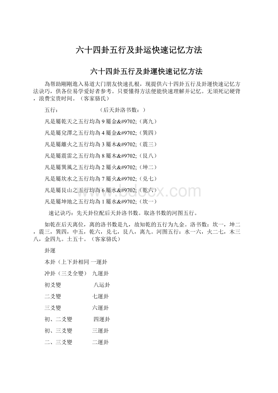 六十四卦五行及卦运快速记忆方法Word文档下载推荐.docx