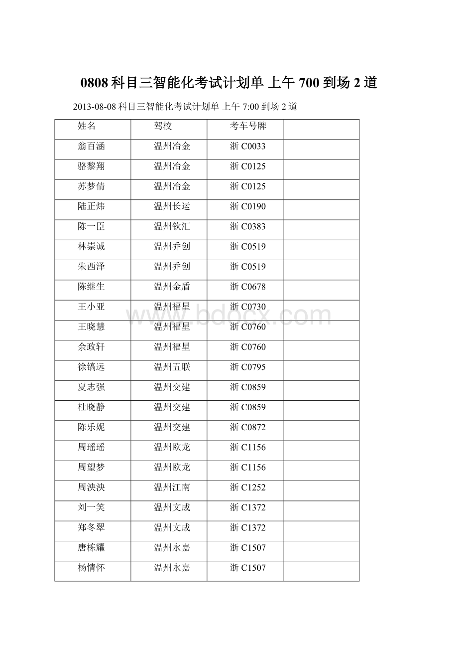 0808科目三智能化考试计划单 上午700到场 2道.docx_第1页