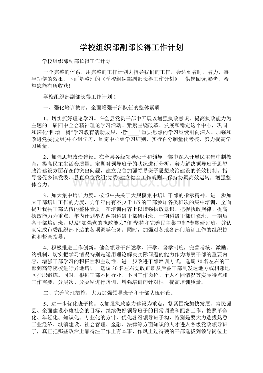 学校组织部副部长得工作计划Word格式文档下载.docx