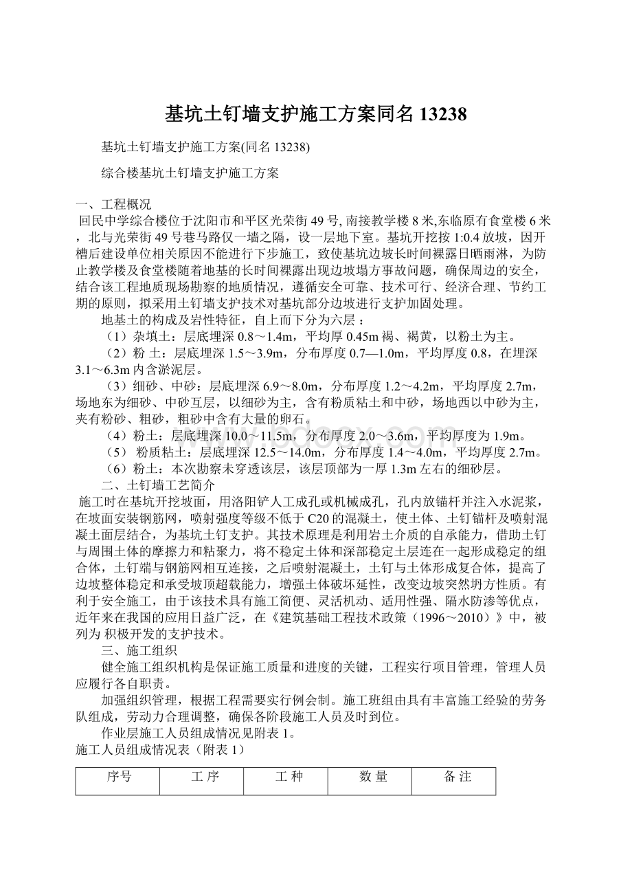 基坑土钉墙支护施工方案同名13238Word文档下载推荐.docx_第1页