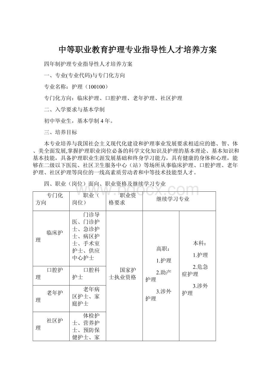 中等职业教育护理专业指导性人才培养方案Word文档下载推荐.docx