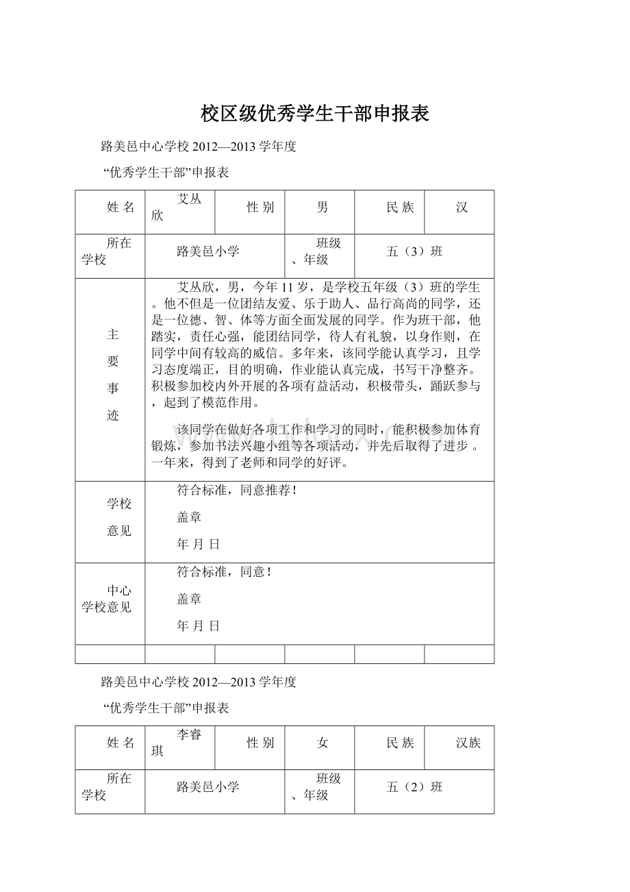 校区级优秀学生干部申报表Word文档下载推荐.docx