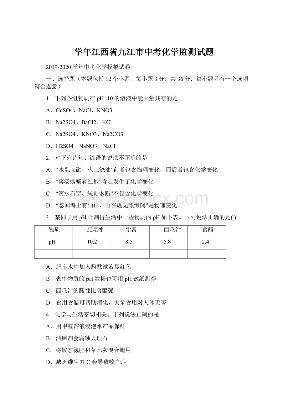 学年江西省九江市中考化学监测试题.docx