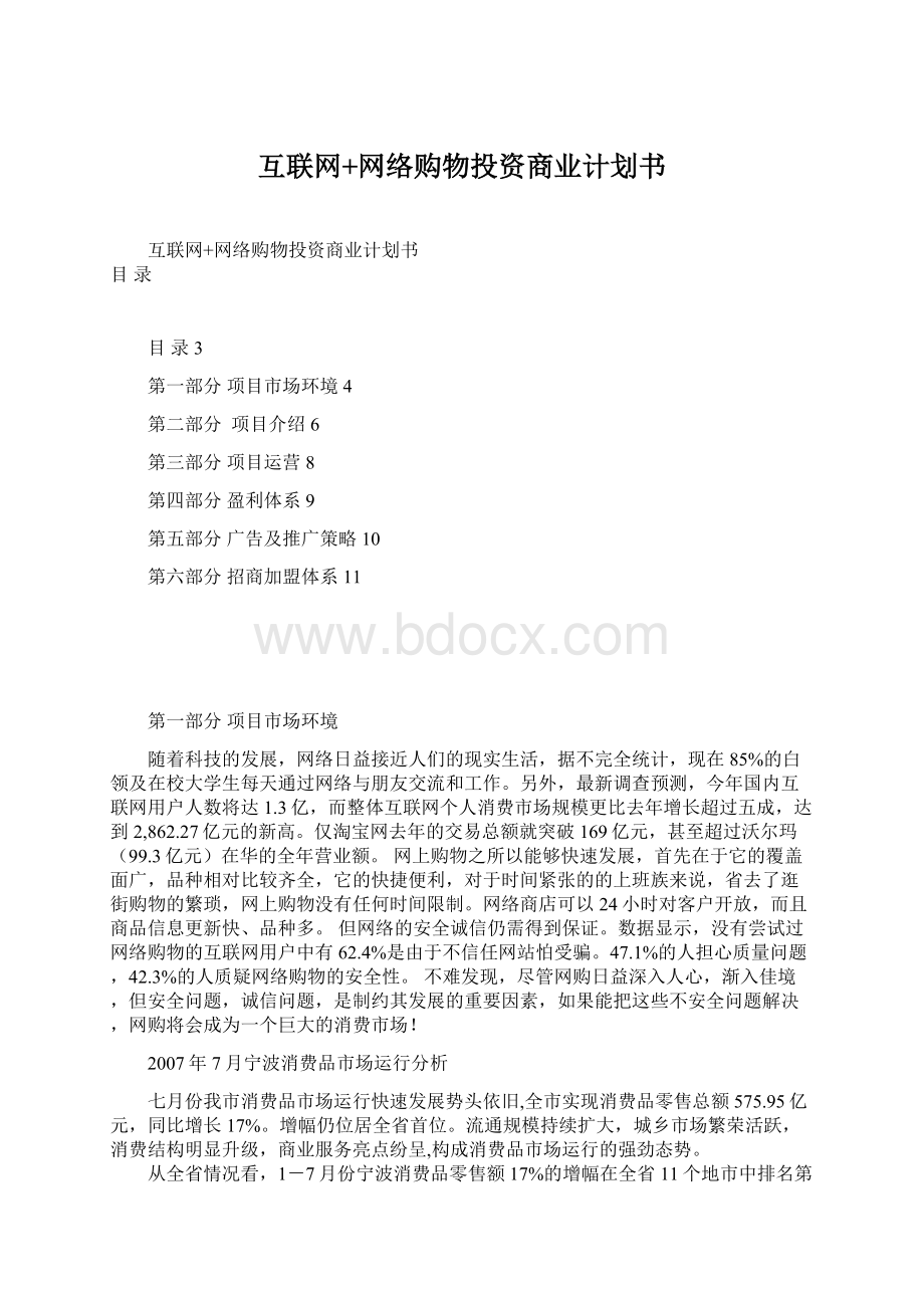 互联网+网络购物投资商业计划书Word文档格式.docx