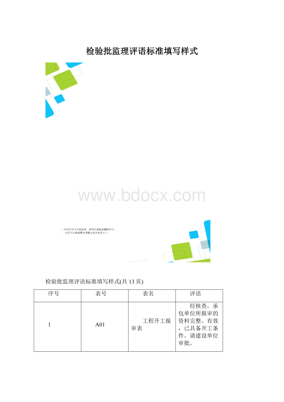 检验批监理评语标准填写样式文档格式.docx