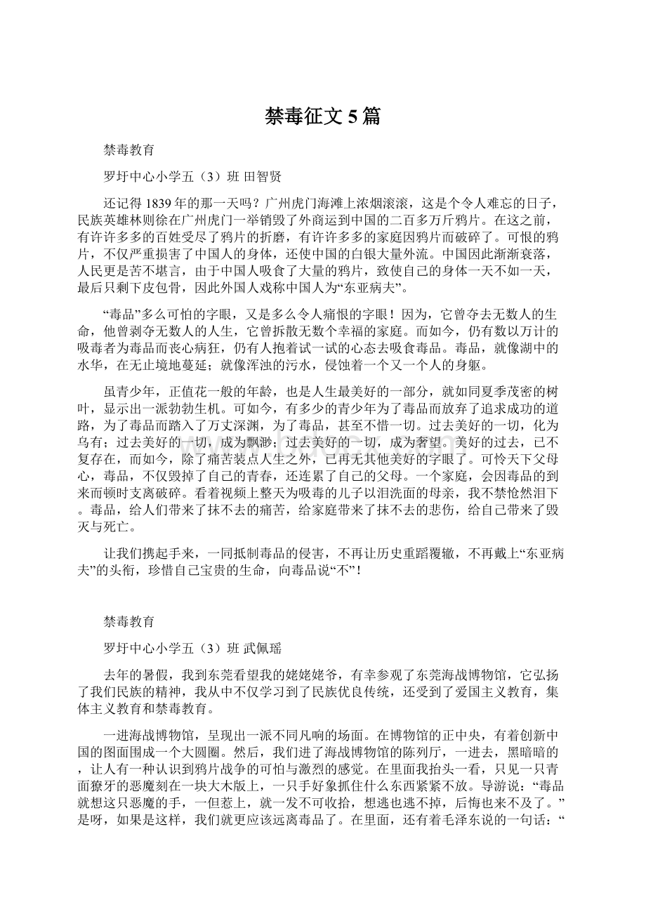 禁毒征文5篇Word格式文档下载.docx_第1页