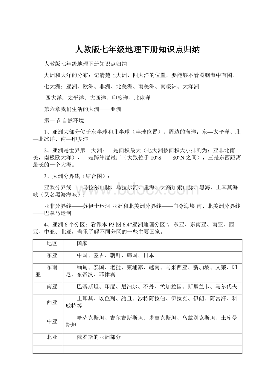 人教版七年级地理下册知识点归纳Word格式文档下载.docx