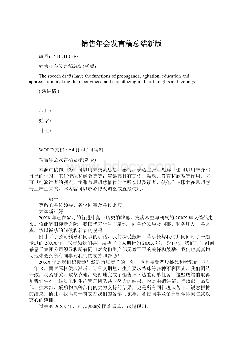 销售年会发言稿总结新版Word格式文档下载.docx