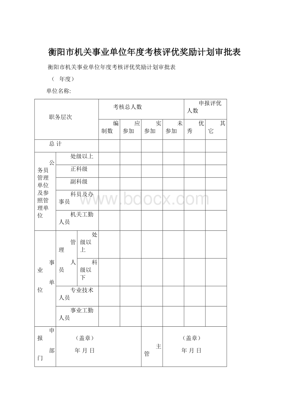 衡阳市机关事业单位年度考核评优奖励计划审批表Word文档下载推荐.docx