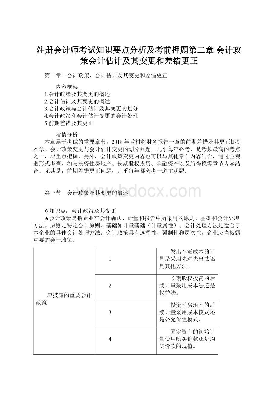 注册会计师考试知识要点分析及考前押题第二章 会计政策会计估计及其变更和差错更正文档格式.docx_第1页