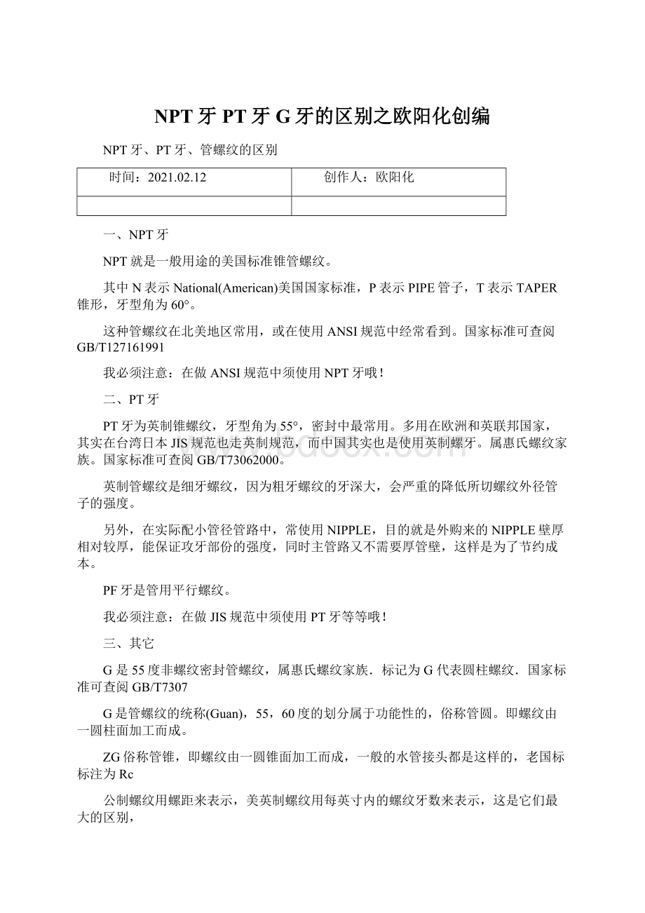 NPT牙PT牙G牙的区别之欧阳化创编Word格式文档下载.docx