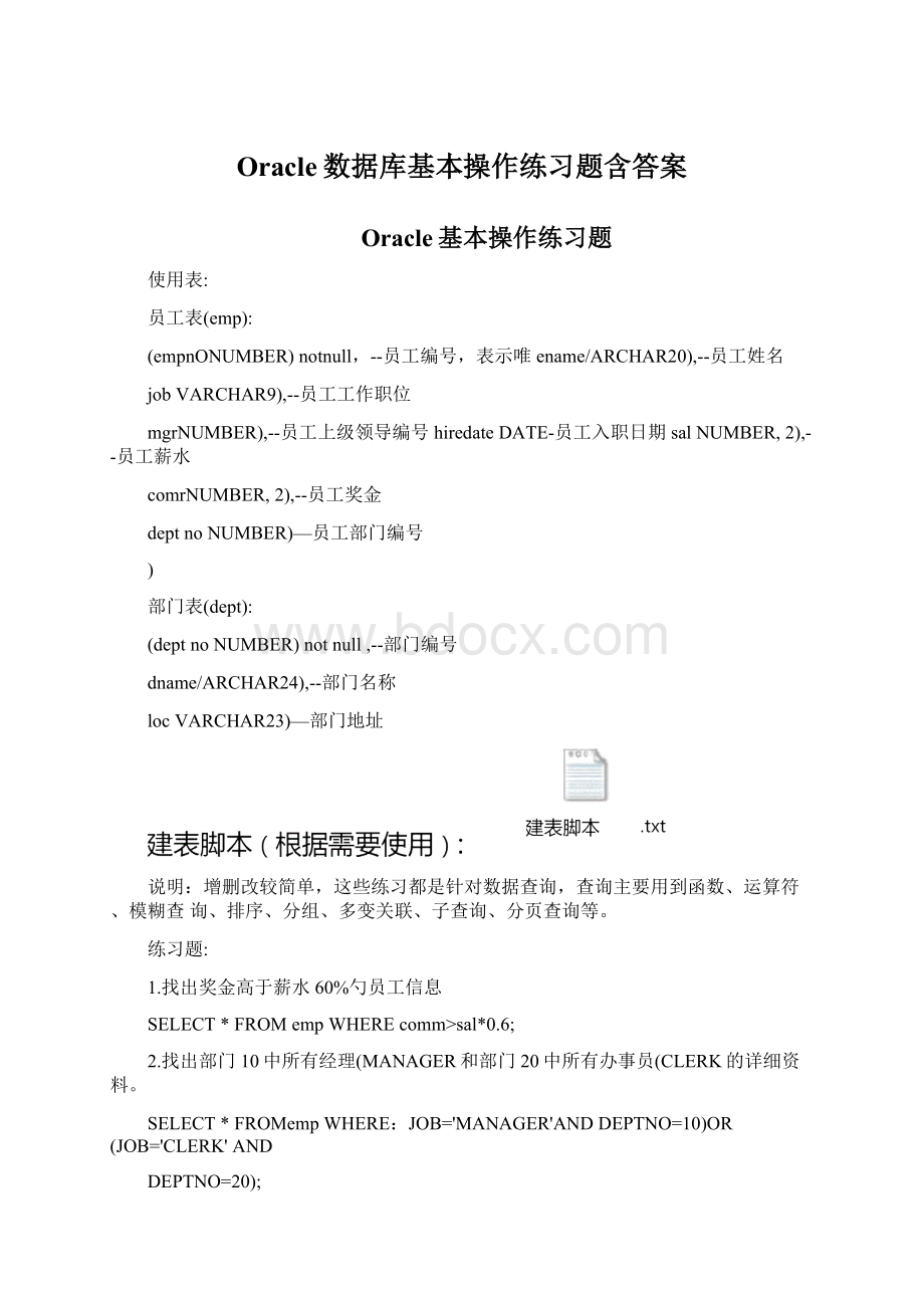 Oracle数据库基本操作练习题含答案Word格式文档下载.docx