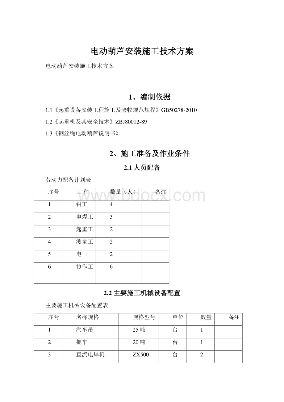 电动葫芦安装施工技术方案文档格式.docx_第1页