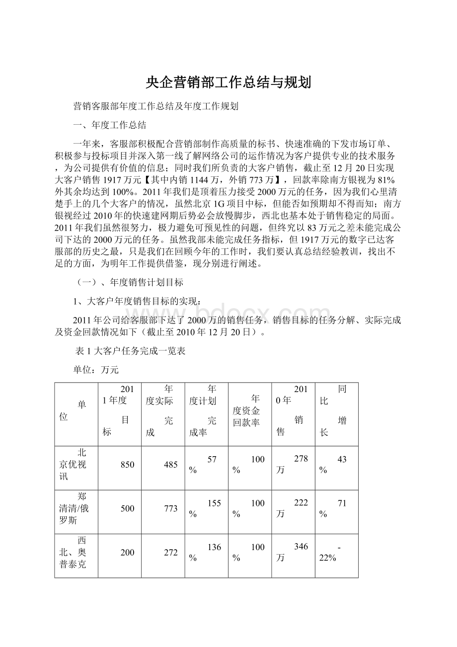 央企营销部工作总结与规划文档格式.docx