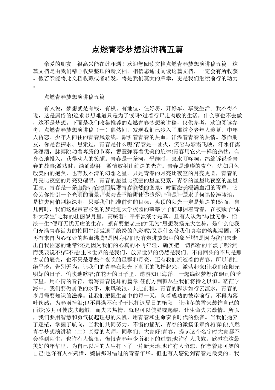 点燃青春梦想演讲稿五篇Word格式文档下载.docx