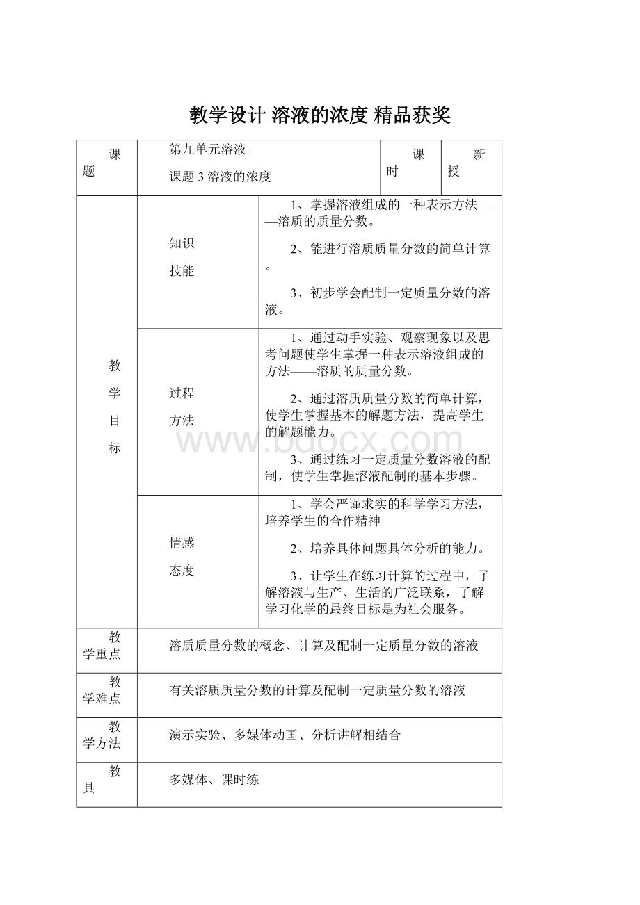 教学设计 溶液的浓度 精品获奖Word格式.docx