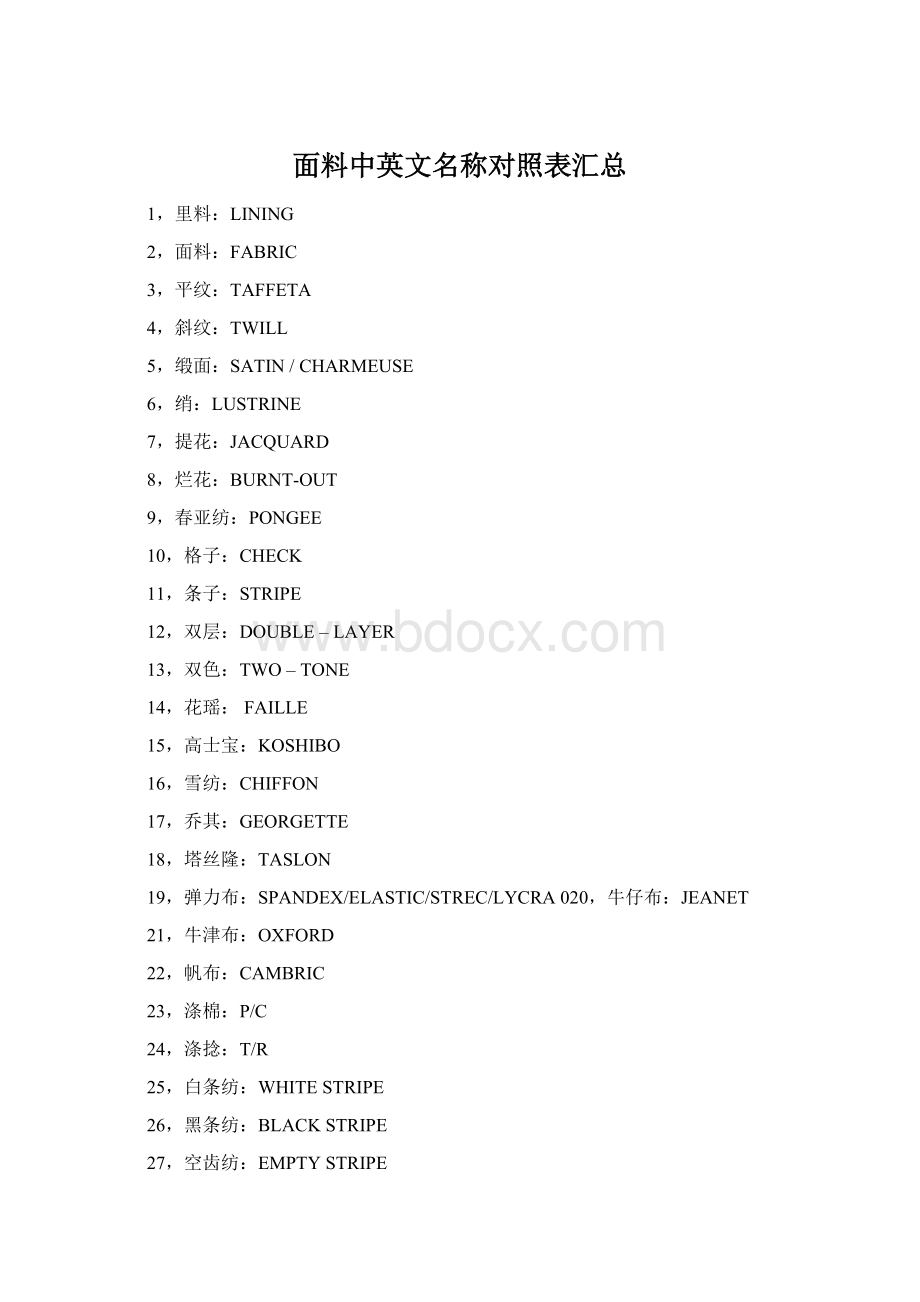 面料中英文名称对照表汇总文档格式.docx